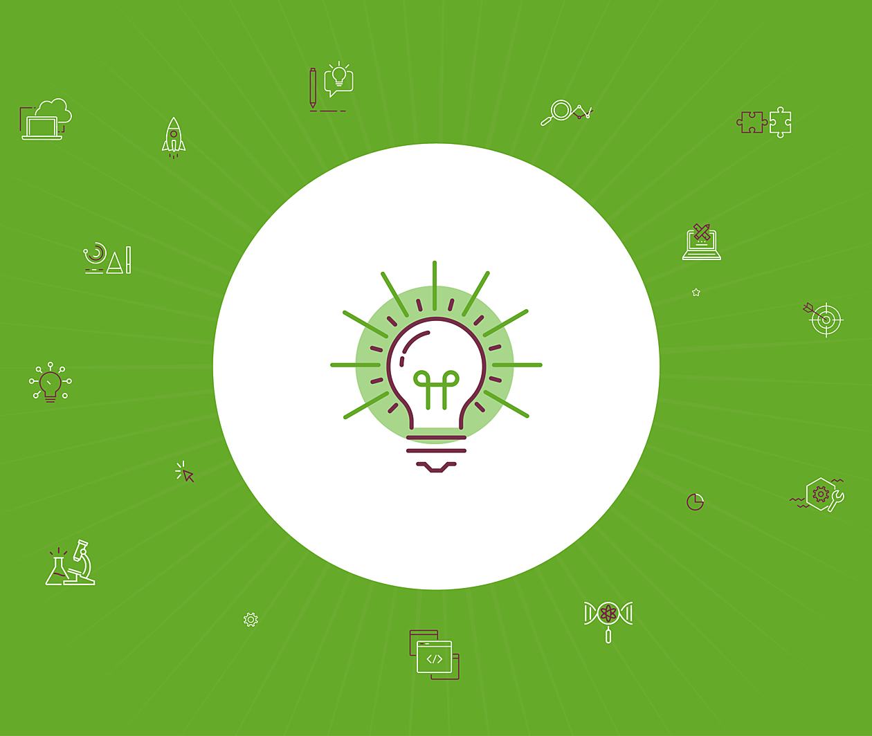 A large icon of a lightbulb surrounded by other icons to do with Physics, science and education on a green background