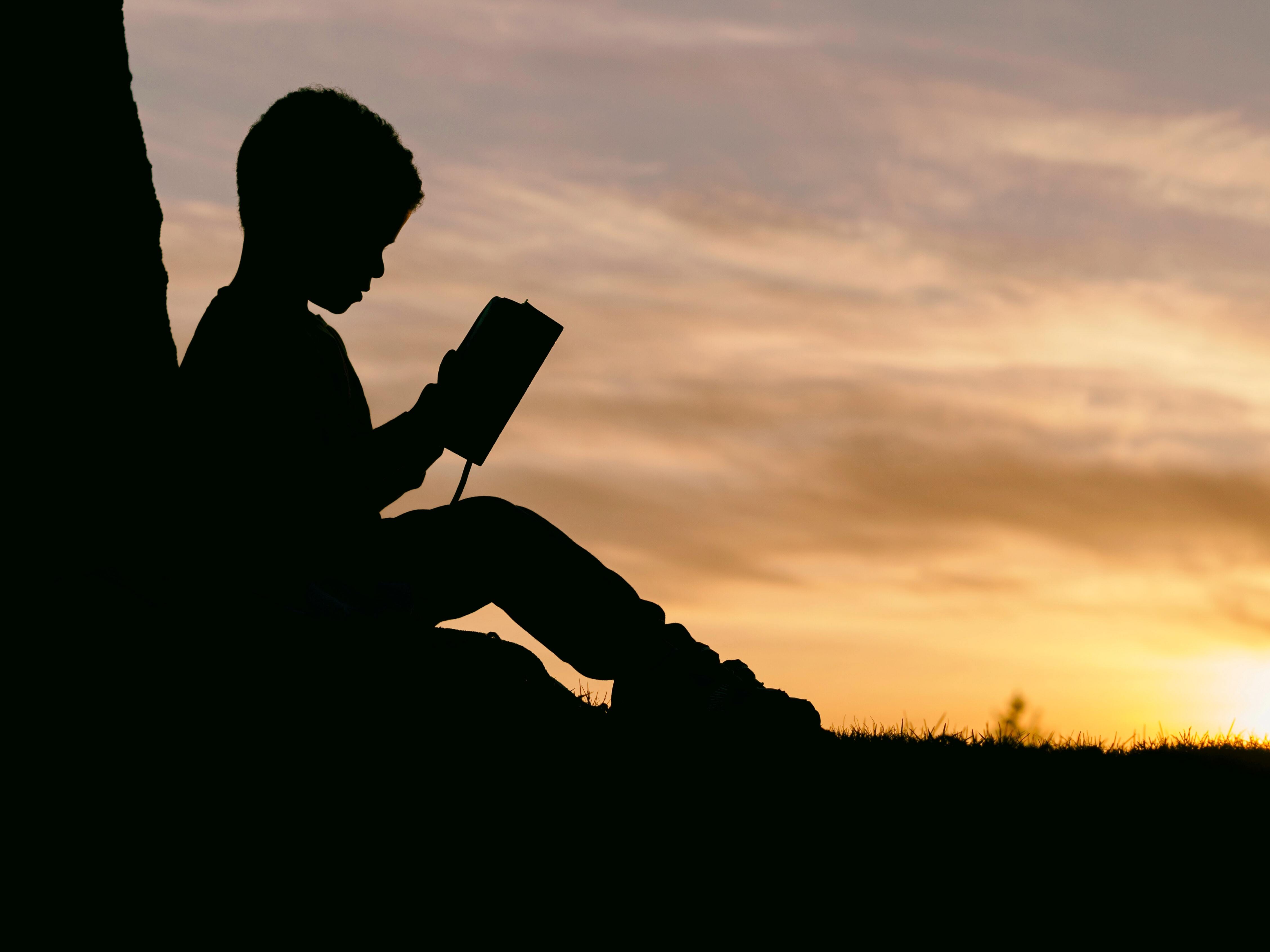 Silhouette of a child reading a book under a tree with a sunset behind them.