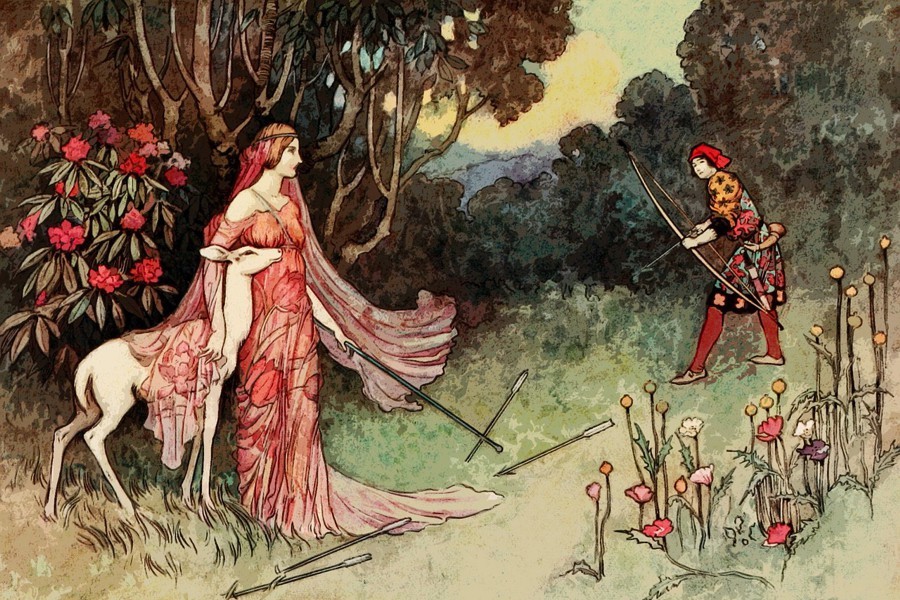 A white doe is protected from a hunter by a fairy