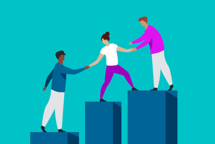 Three people supporting each other as they step up on a series of blocks. 