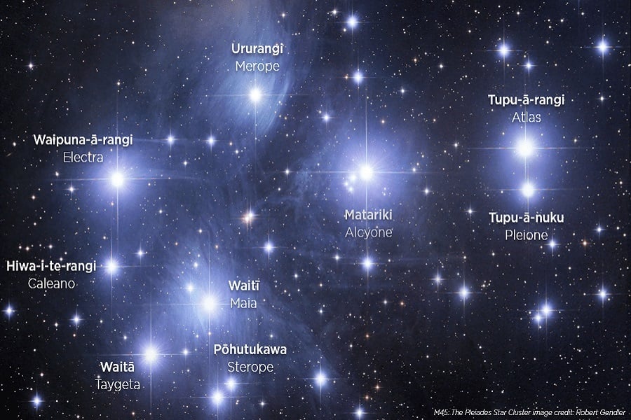 An image of the Matariki star cluster. all of the stars are labelled with their te reo Māori names