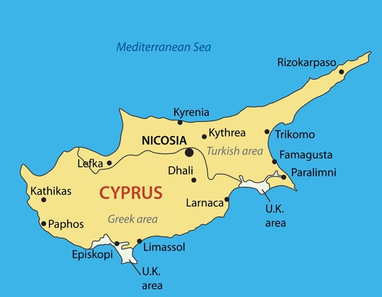 Cyprus showing the division between the Turkish and Greek areas