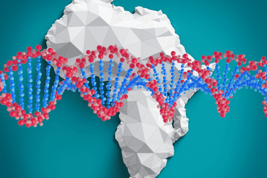 Decorative illustration depicting a DNA molecule over a 3D model of the African continent