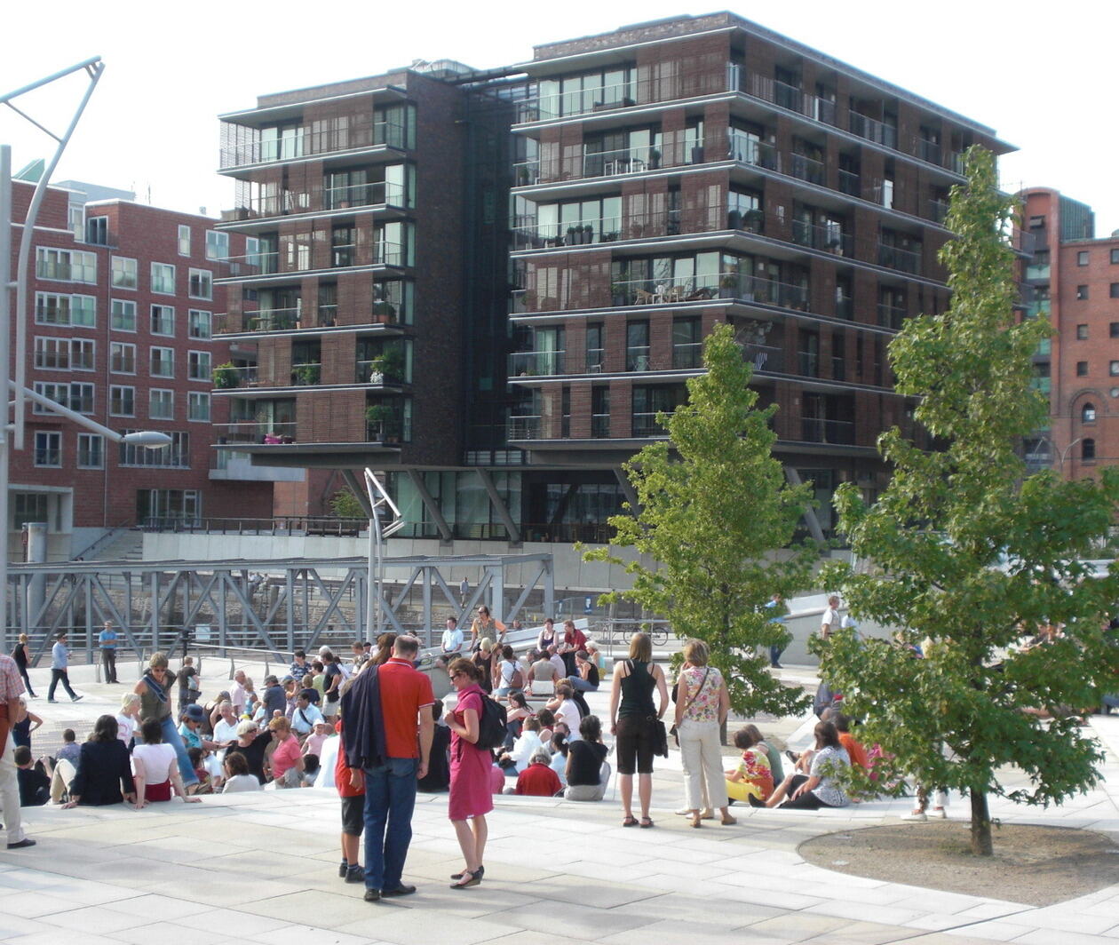 Hafen city apartments around transport and sitting area