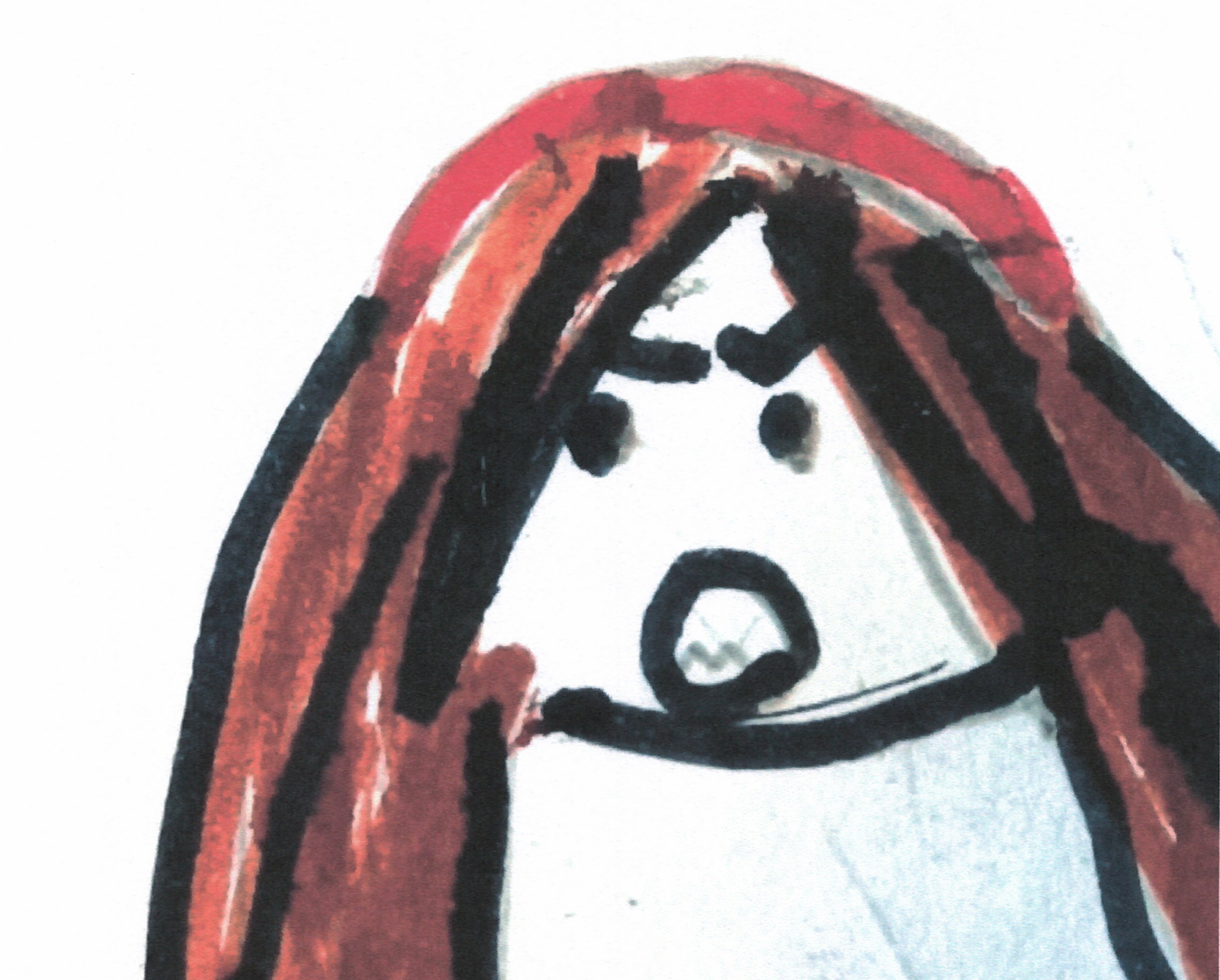 A child's drawing of a face which looks slightly angry