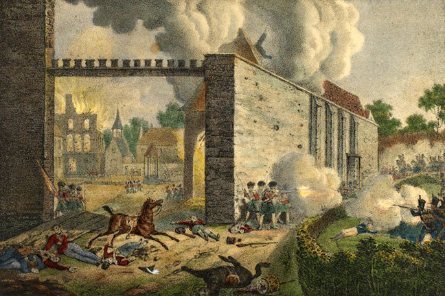 Print showing British soldiers defending the Hougoumont