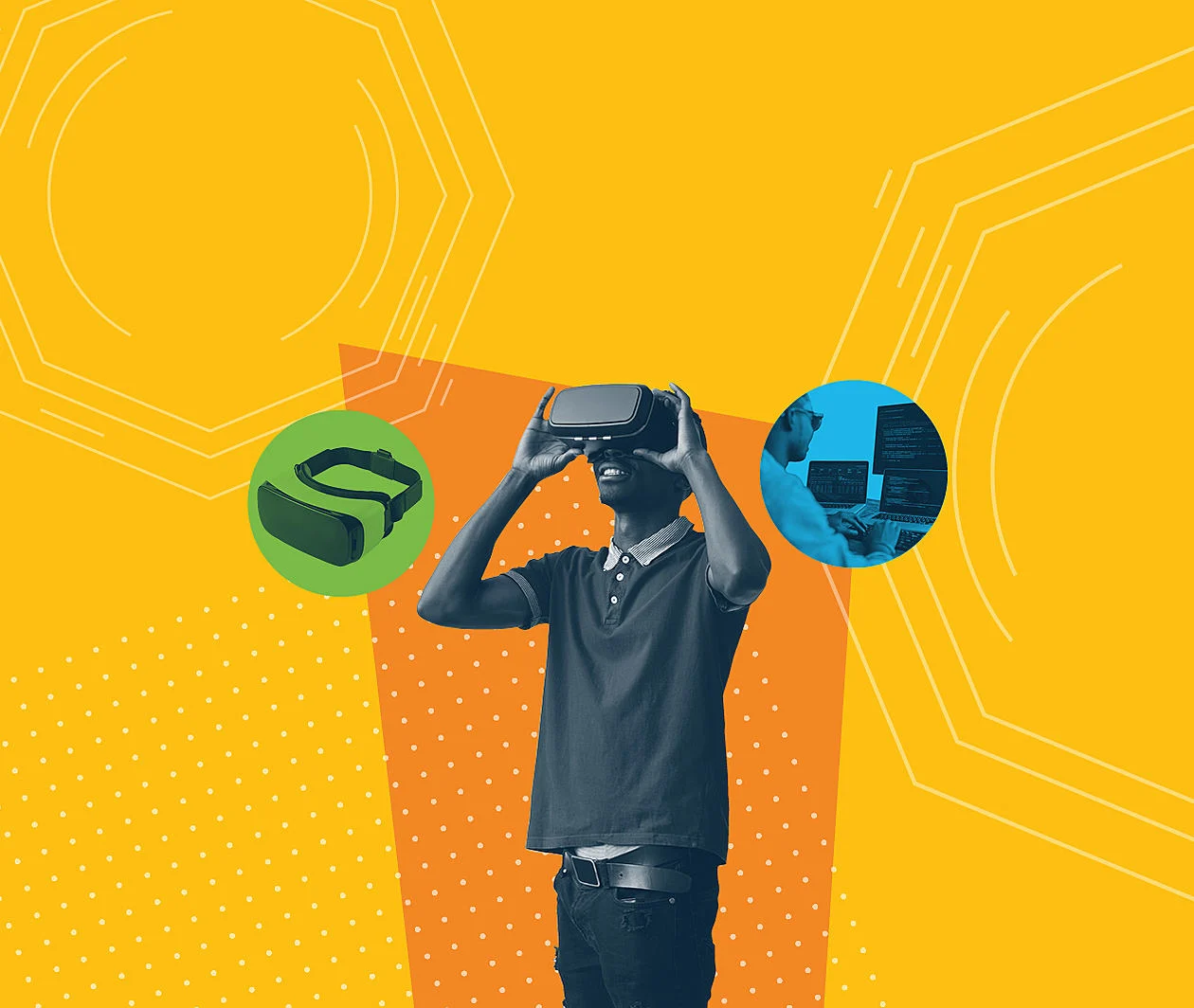 Person using a VR headset and two icons: a VR Headset and someone using a computer