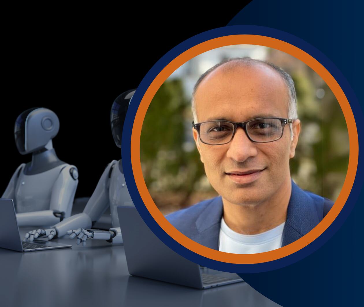 Instructor of the Prompt Engineering course, wearing glasses and a blazer, smiles at the camera. The photo is framed in a circular border over a background of a digital circuit board pattern, symbolizing AI and technology.