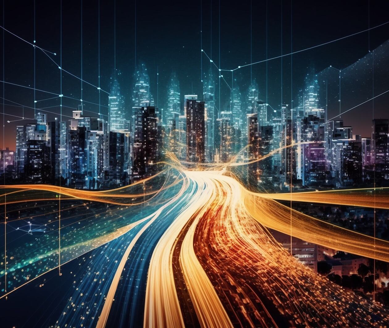 Smart Digital City Skyline with High Speed Light Trail of Cars