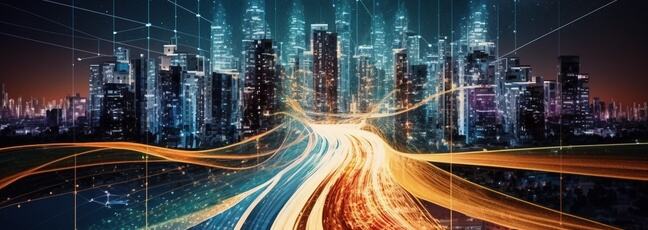 Smart Digital City Skyline with High Speed Light Trail of Cars