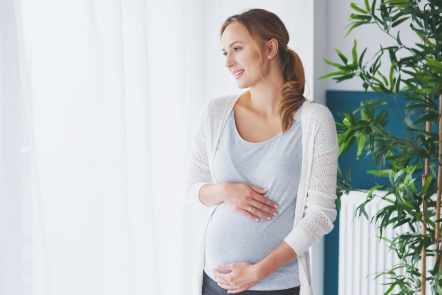 Photo of a pregnant lady holding her pregnancy bump.