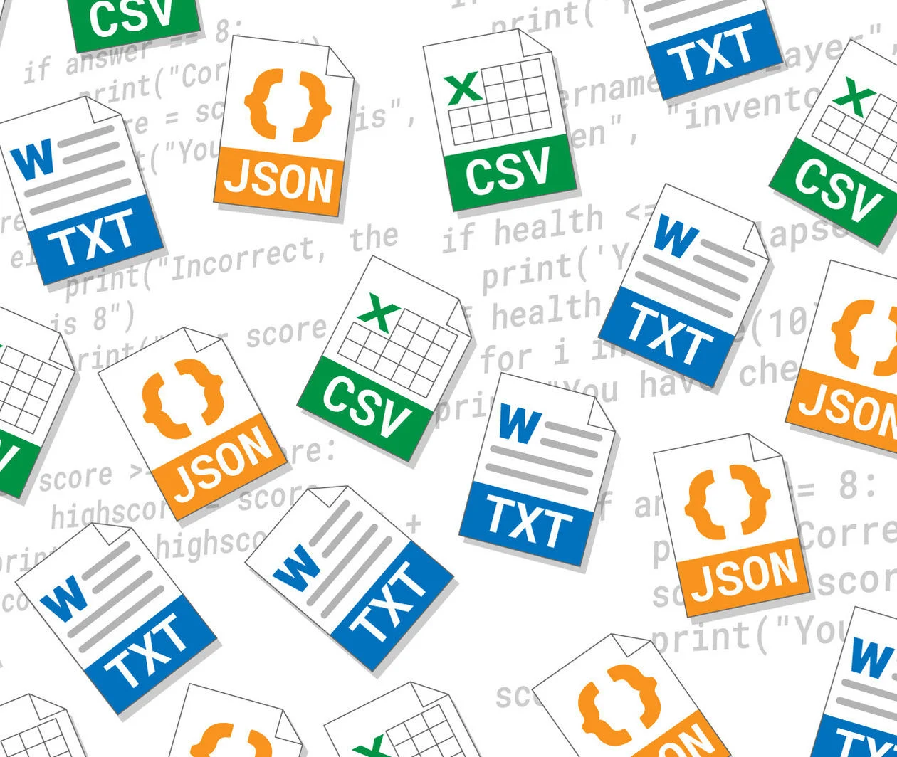 Icons representing CSV, TXT and JSON files, overlaid over some python code