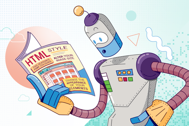 Robot looking at a magazine called 'HTML Style', with subheadings 'This seasons font colours', 'Alter your image size' and 'Change the appearance of your elements'