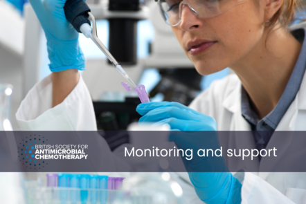 A scientist pipetting into a microtube, with title text reading "monitoring and support".