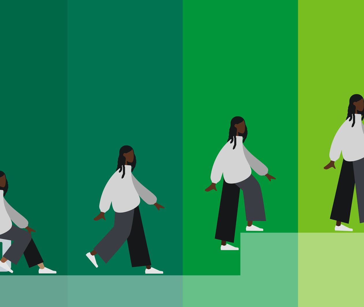An illustration of a person climbing steps against a green background