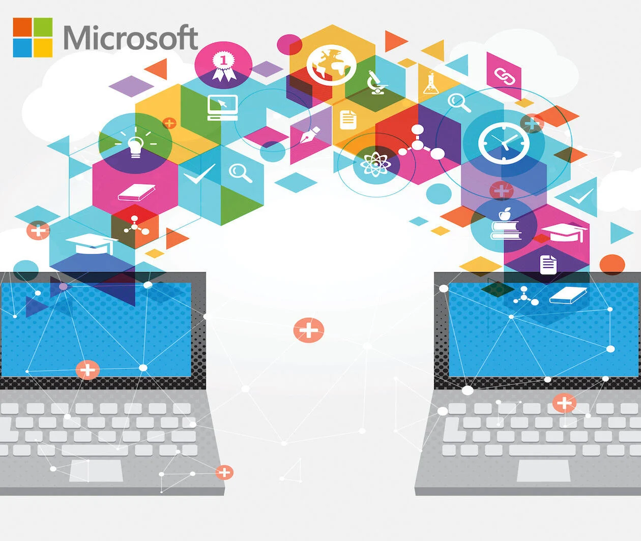 A digitally created image of two open laptop screens, with a flurry of digital icons and symbols flying between them