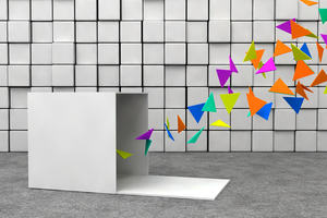 Coloured triangles escaping from a white box