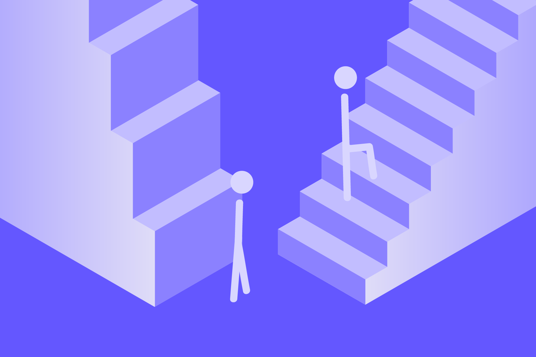 a illustration depicting two figures each in front of a set of stairs. One set of stairs is easy to climb the other steeper and much more difficult, a metaphor for the inequality in the tech industry.