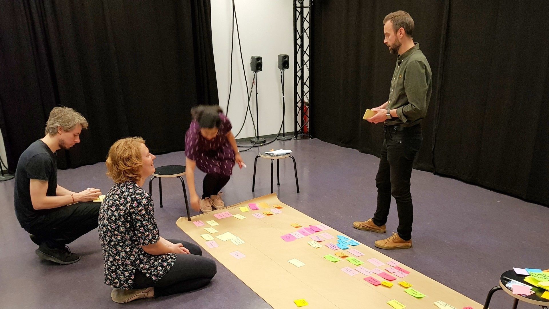 People placing post-it notes on the floor.