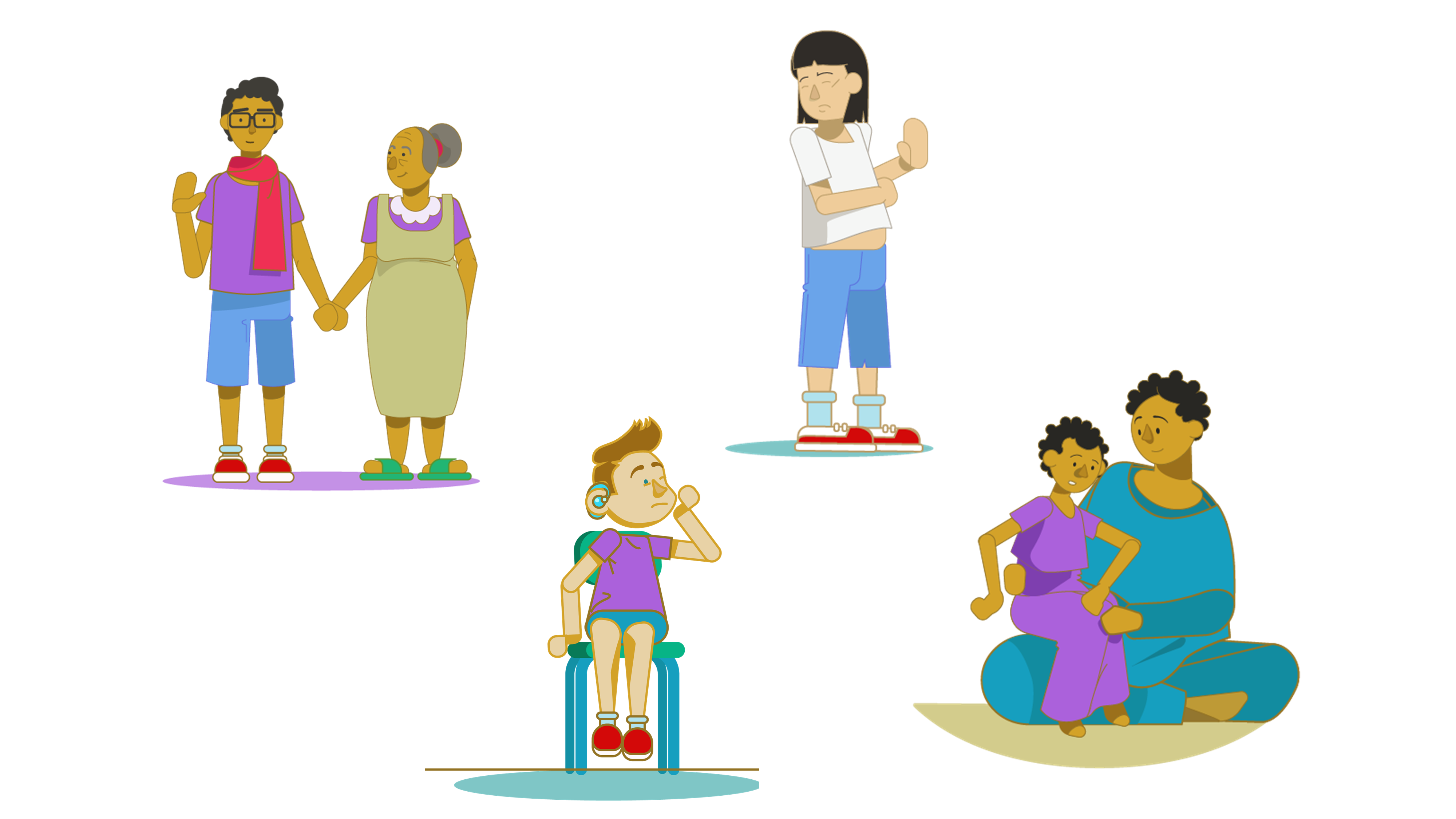 An illustration of our four case study characters. A teenage boy standing with his grandmother. A boy clutching his cheek. A girl with her hand up in refusal. A girl sat on her daughter's knee