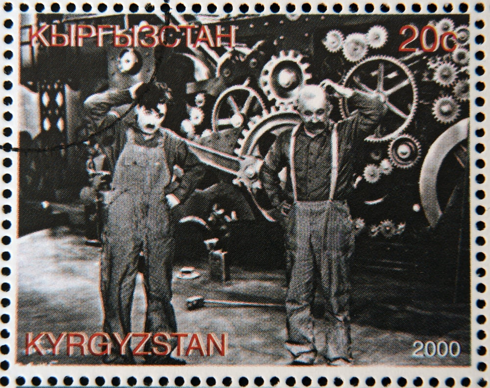 A stamp from Kyrgyzstan shows scene from the movie 