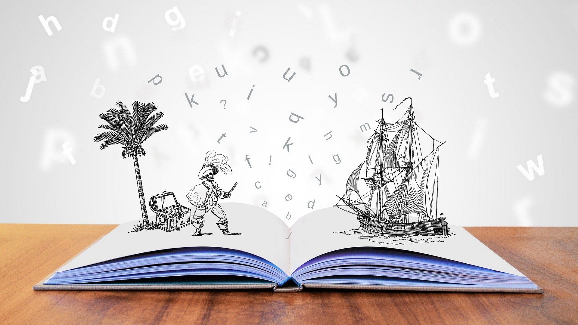 An open book with letter flying off as well drawings of a pirate, a treasure and a pirate boat