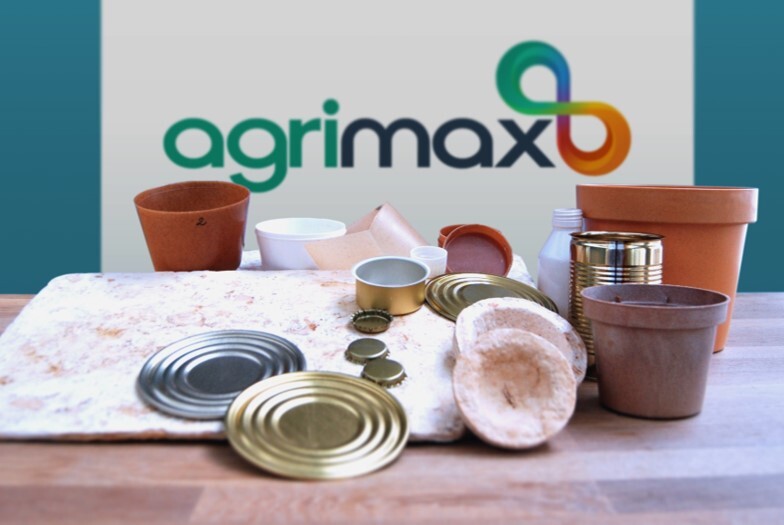 A logo saying 'agrimax' in front of which is a range of products including plant pots, tin tids and metal bottle tops