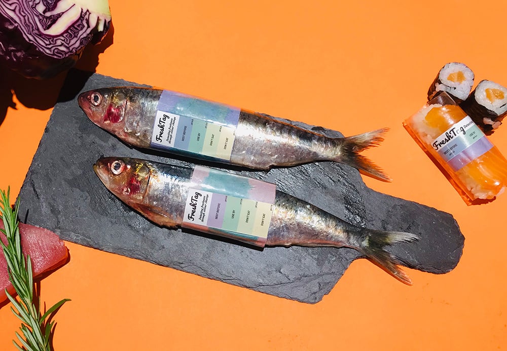 Decorative image, two fish on a slate board wrapped in FreshTag packaging.