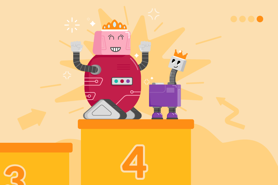 A cartoon illustration of two robot characters celebrating their success