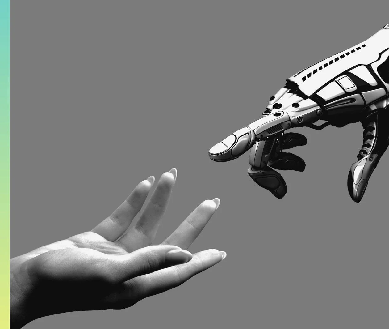 Medtech: AI and Robotics, black and white image of human hand reaching out to robotic hand