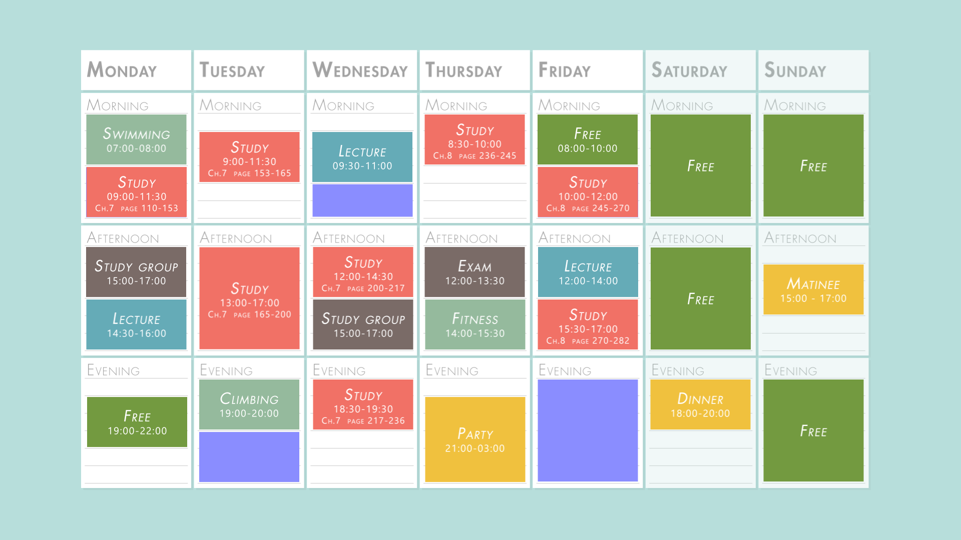 An example of a well organised week plan, with time allocated to study, free time, fitness and social activities