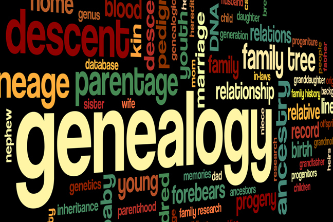 wordcloud including the words genealogy, family tree, forebears, kin, DNA