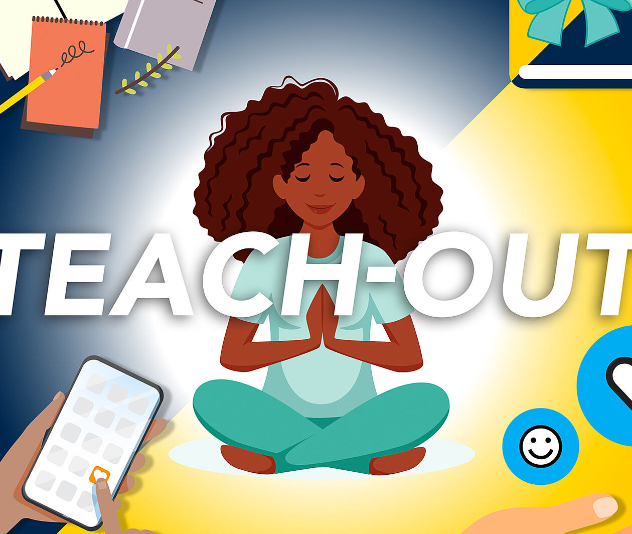 Illustration showing a black woman meditating and praticing gratitude