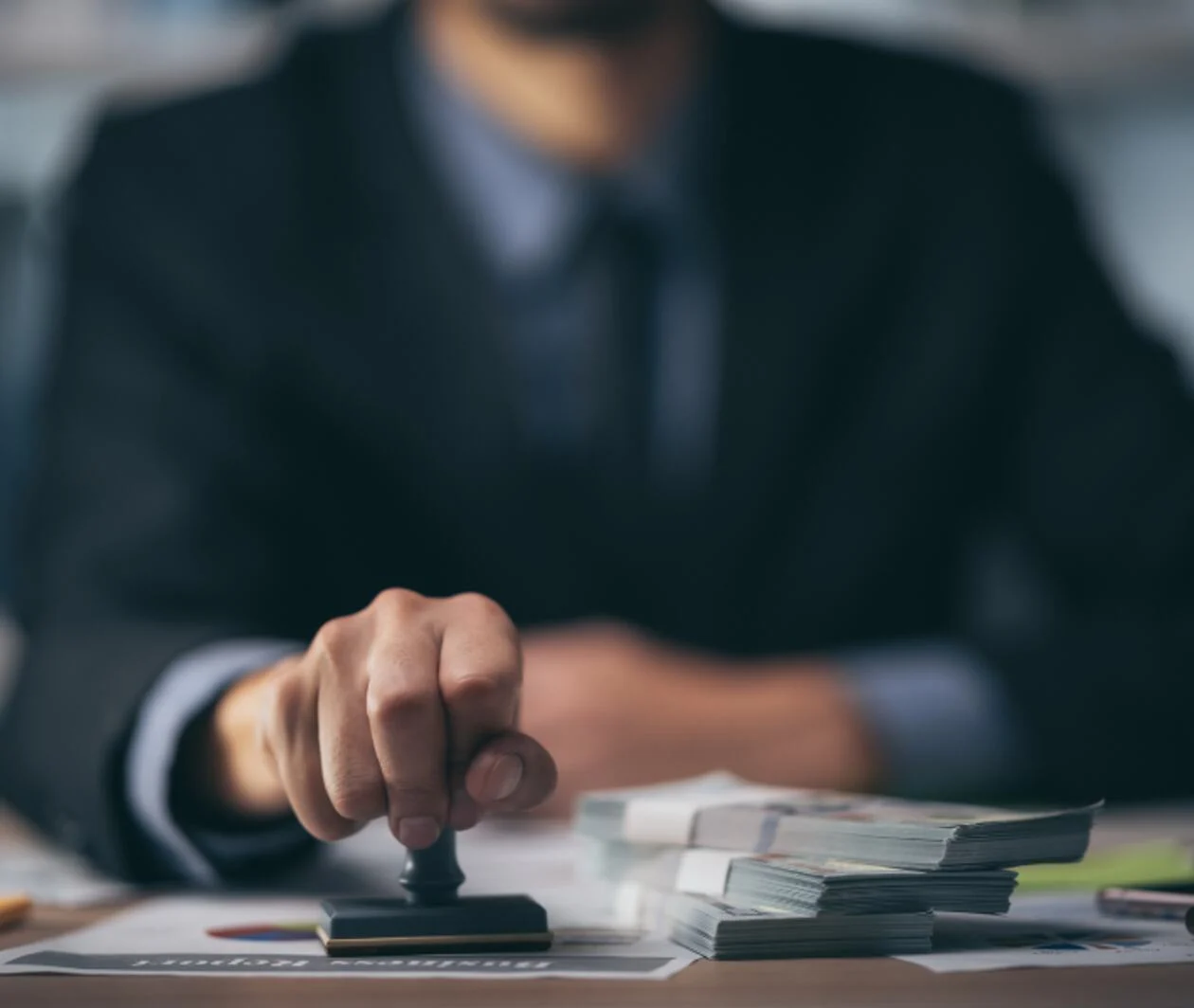 A person in a suit sitting at a desk and holding a stamp on one page of a financial contract.