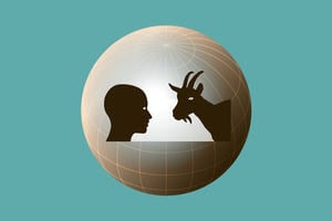 A human left looks at a goat right, in the backdrop the abstract globe of the earth