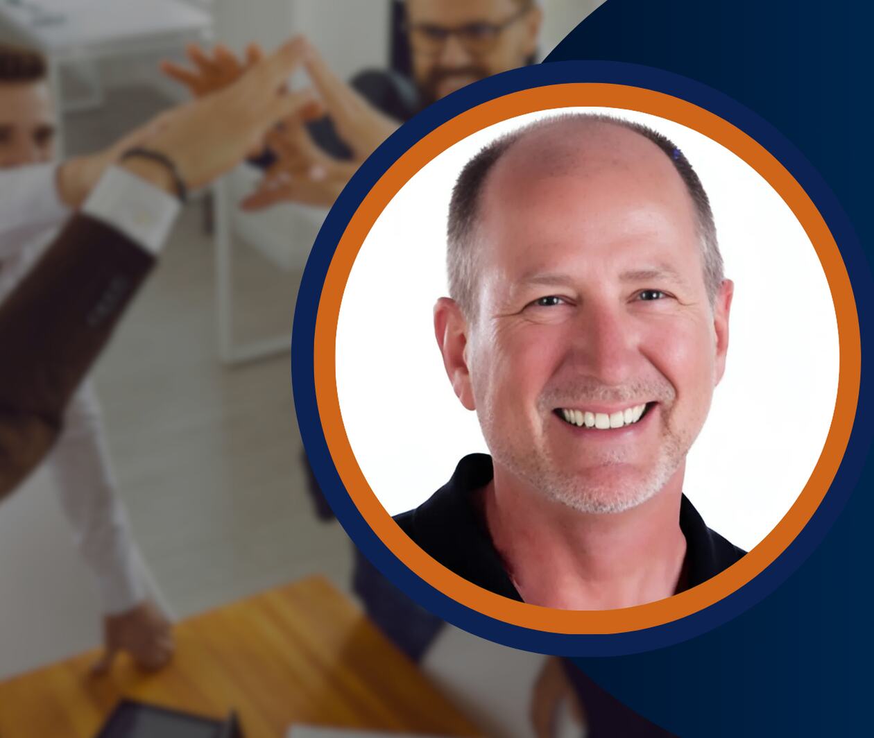 A smiling professional man overlaid on a diverse team high-fiving in an office. Symbolizes leadership, collaboration, and process improvement in a Lean Management course.