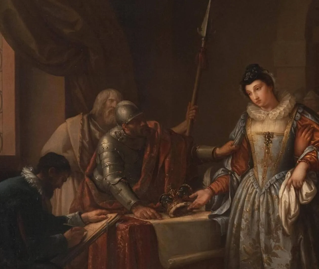 Mary Queen of Scots stands in a room with others in a painting by Gavin Hamilton: "The Abdication of Mary Queen of Scots"    © The Hunterian, University of Glasgow.