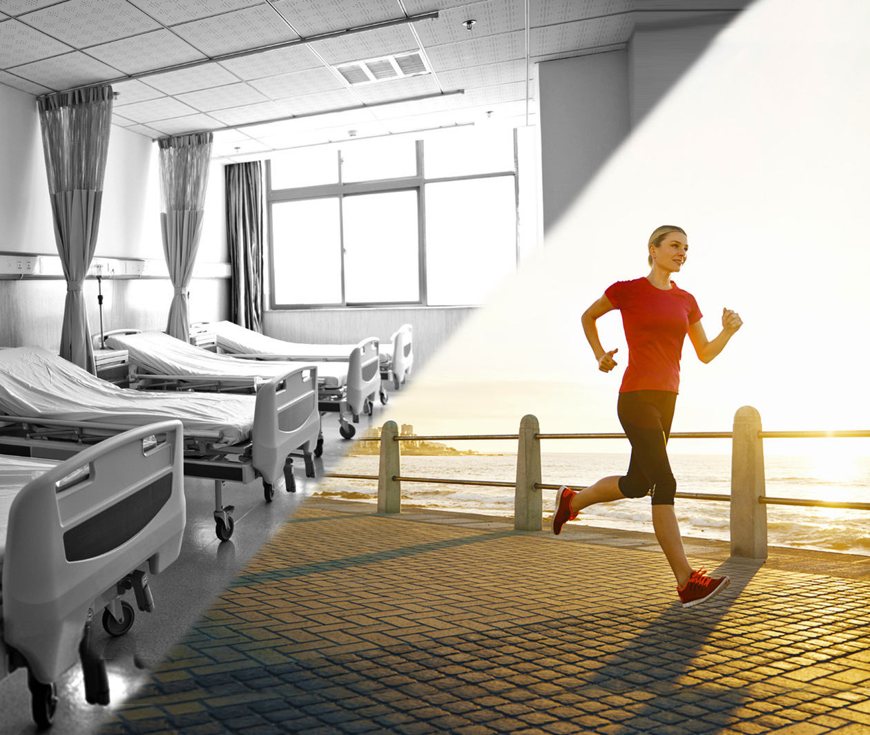 An image with two sides, one with a black and white hospital ward, the other a woman running on a sunny boardwalk.