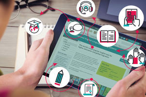 A tablet with learning-related icons