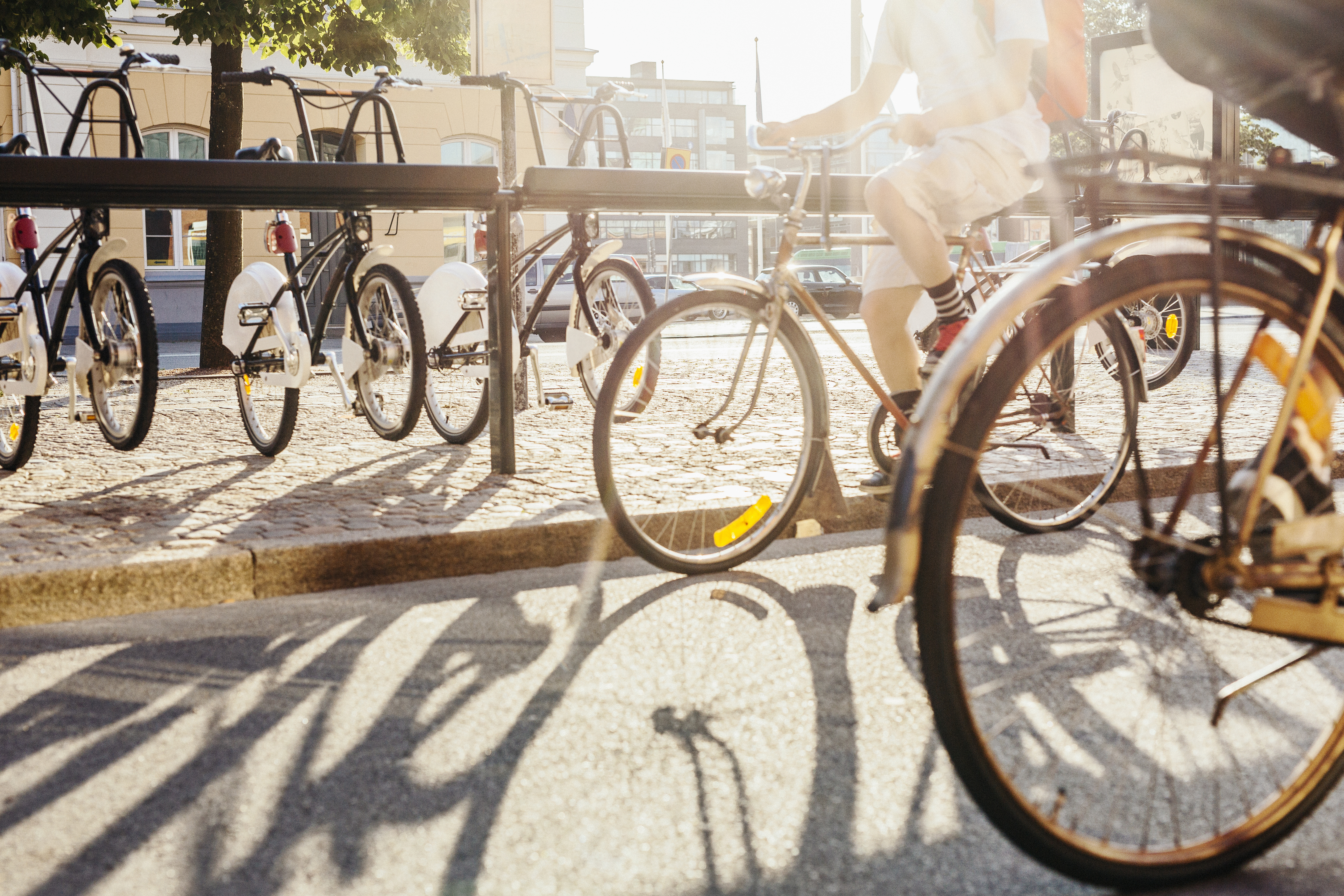 Low section of people cycling on city street