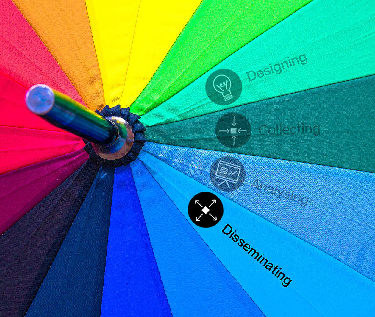 Rainbow umbrella with the word 'Disseminating' highlighted