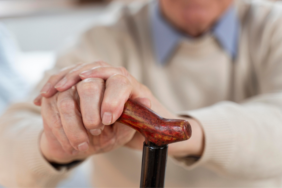 An elderly gentleman holding a walking stick.