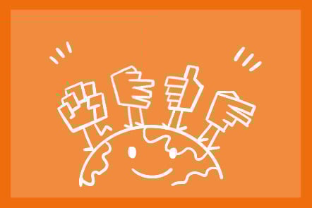 A minimalist smiling Earth at the bottom, with four line-drawn hands standing on top like stick figures. Each hand fingerspells the letters D, E, A, and F in Chinese Sign Language, on an orange background.