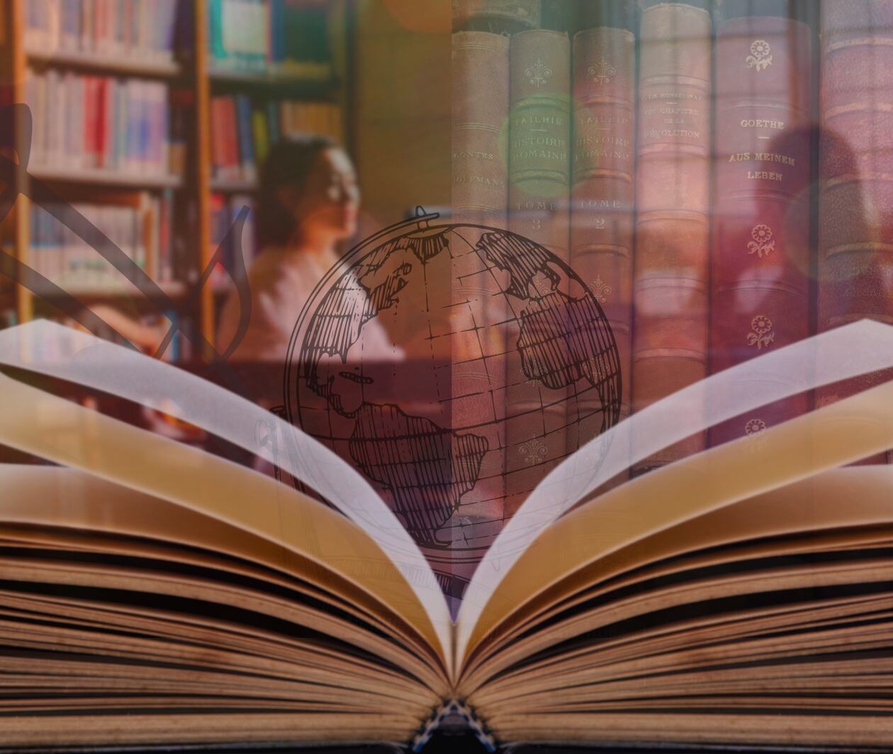 An open book with pages transforming into colourful images and symbols of global culture, including film, music, language, art, and digital media, set against a yellow background with world maps and multilingual text.