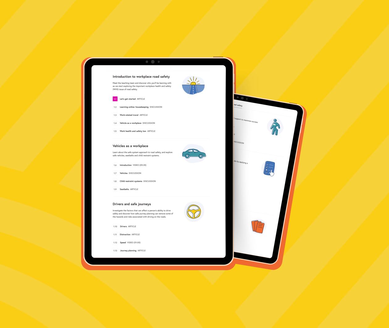 Laptop displaying the “Workplace Road Safety Leadership” course page, with two tablet screens showing course content on a yellow patterned background.