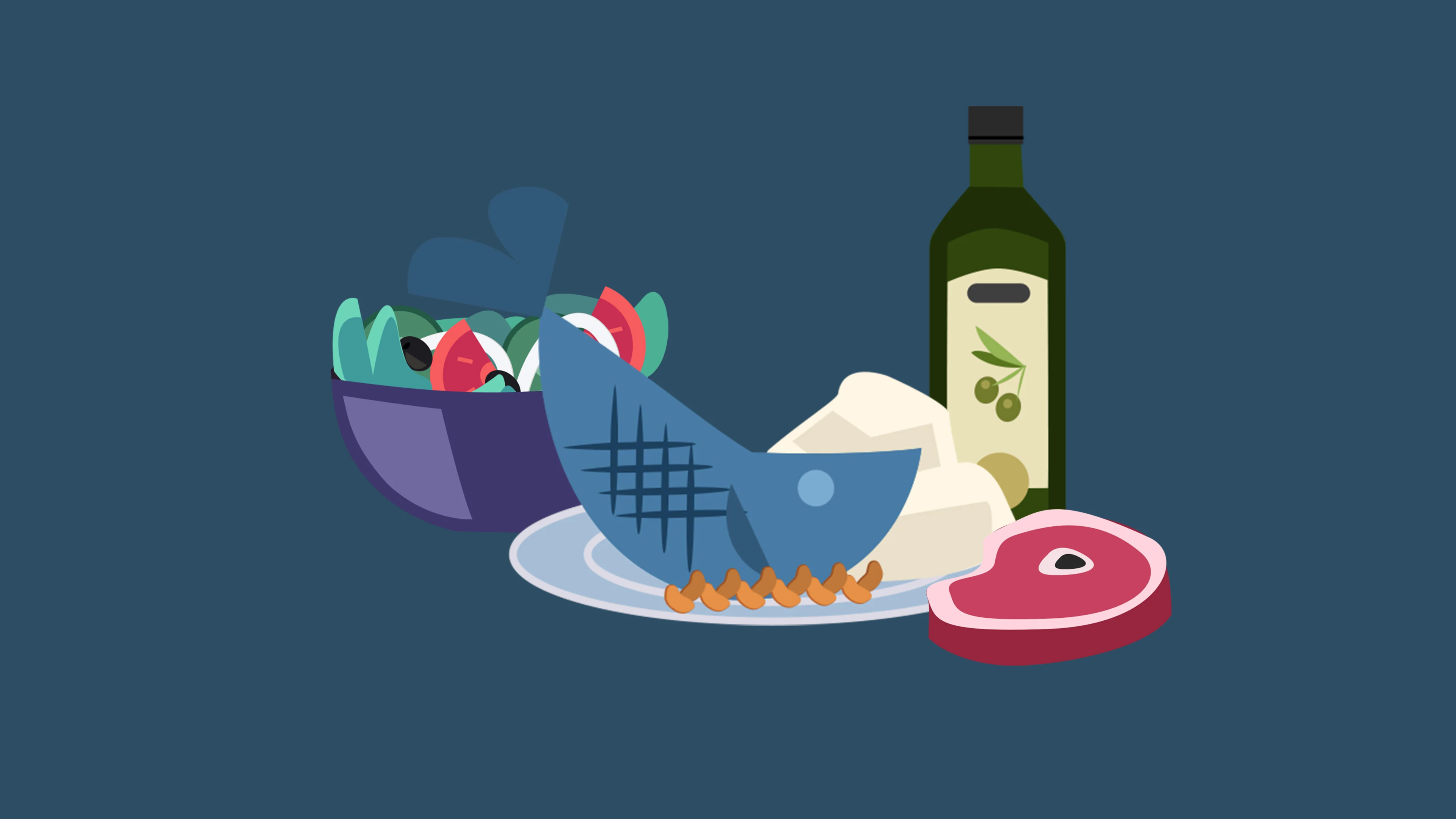 A image showing drawings of a fish on a plate, a salad bowl, meat and an olive oil bottle