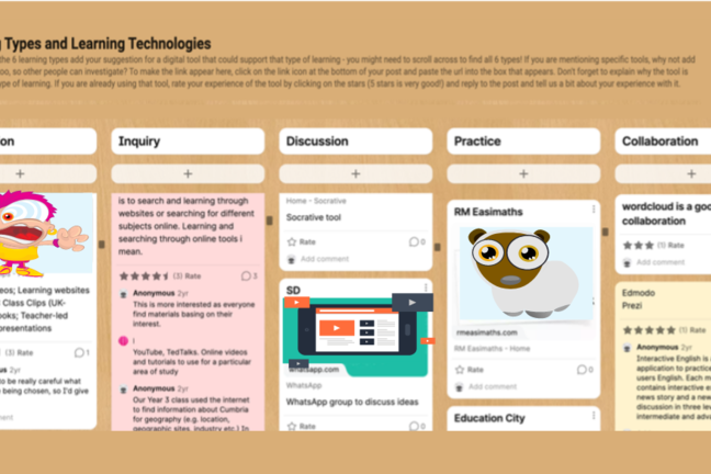 A padlet organised with posts to exemplify the six learning types