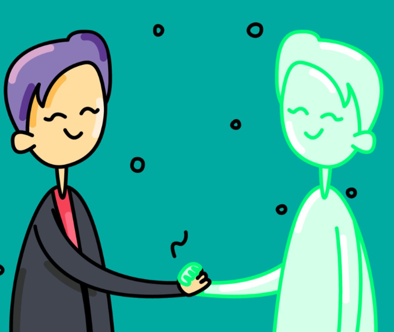 A cartoon showing a human and their virtual self shaking hands