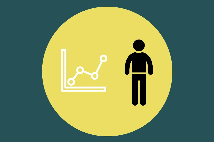 A cartoon image of person is standing next to a line graph. A yellow circle contains both figures placed in a dark green background