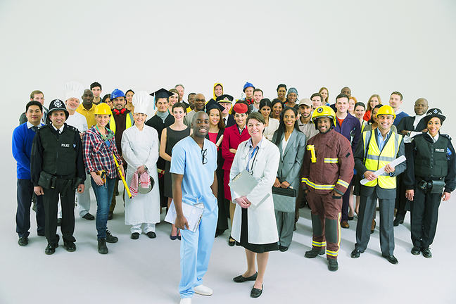 The image is of a large group of professions, all of which belong to different public sector jobs.